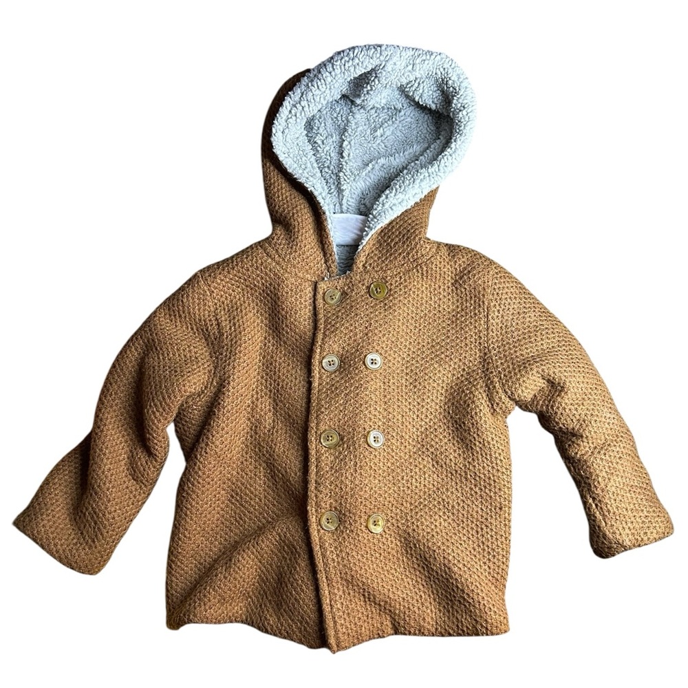 Little Ricky’s Cozy Tan Kids Pea Coat with Hood Winter Jacket